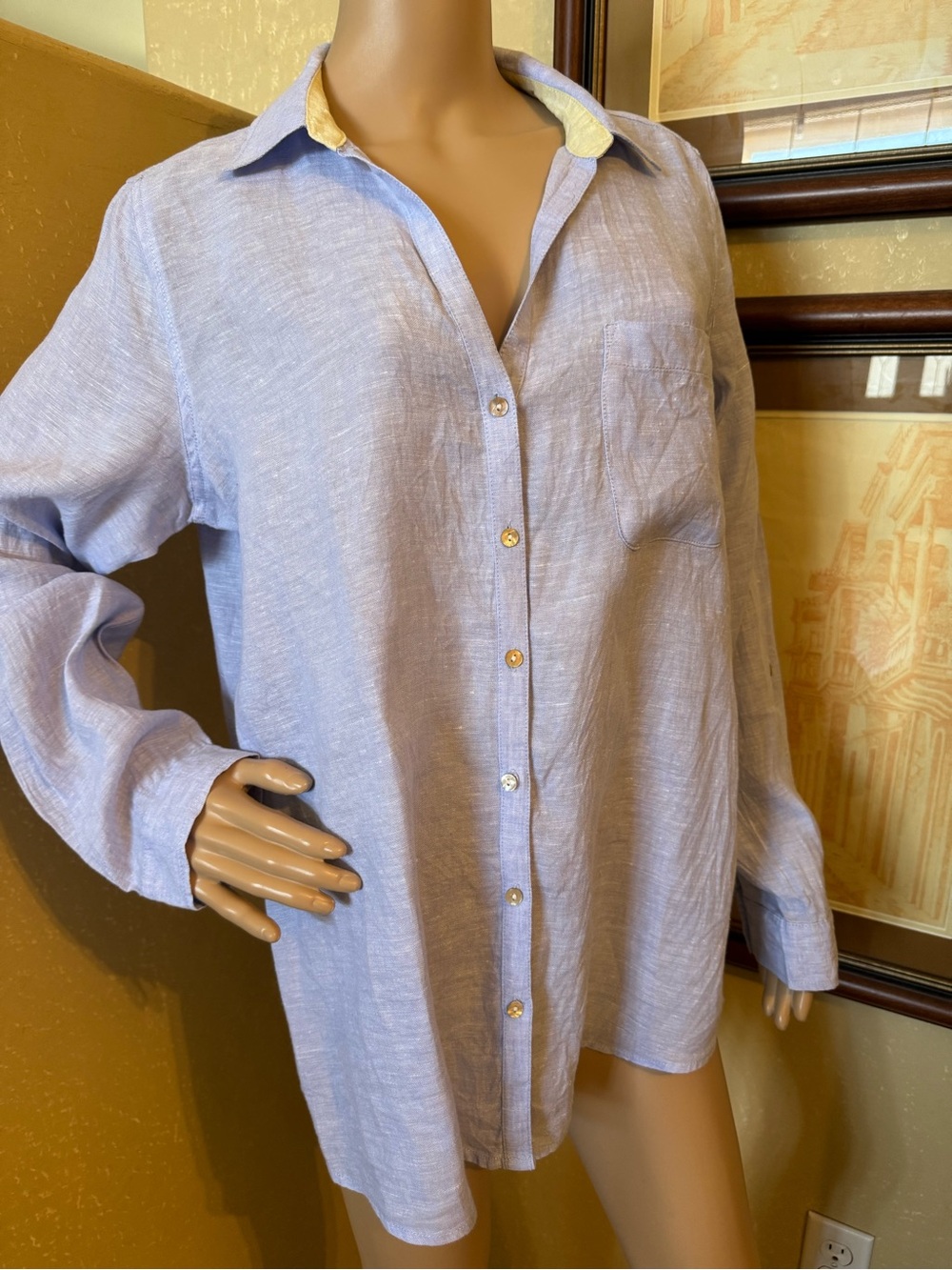 Sigrid Olsen 100% Linen Blue Shirt sz L